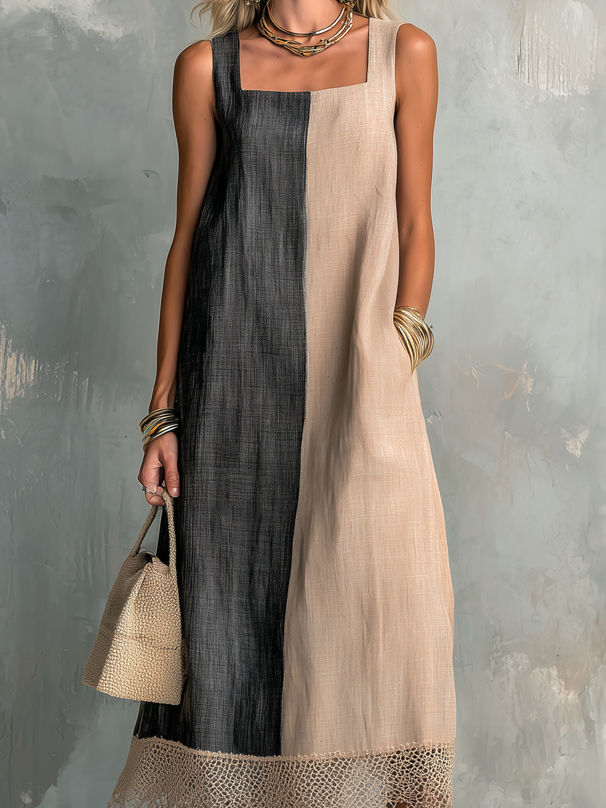 ElevenOra Chic Elegant Camel-Black Colorblock Cotton-Linen Square-Neck Sleeveless Lace Trim Hem A-Line Midi Dress