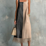 ElevenOra Chic Elegant Camel-Black Colorblock Cotton-Linen Square-Neck Sleeveless Lace Trim Hem A-Line Midi Dress