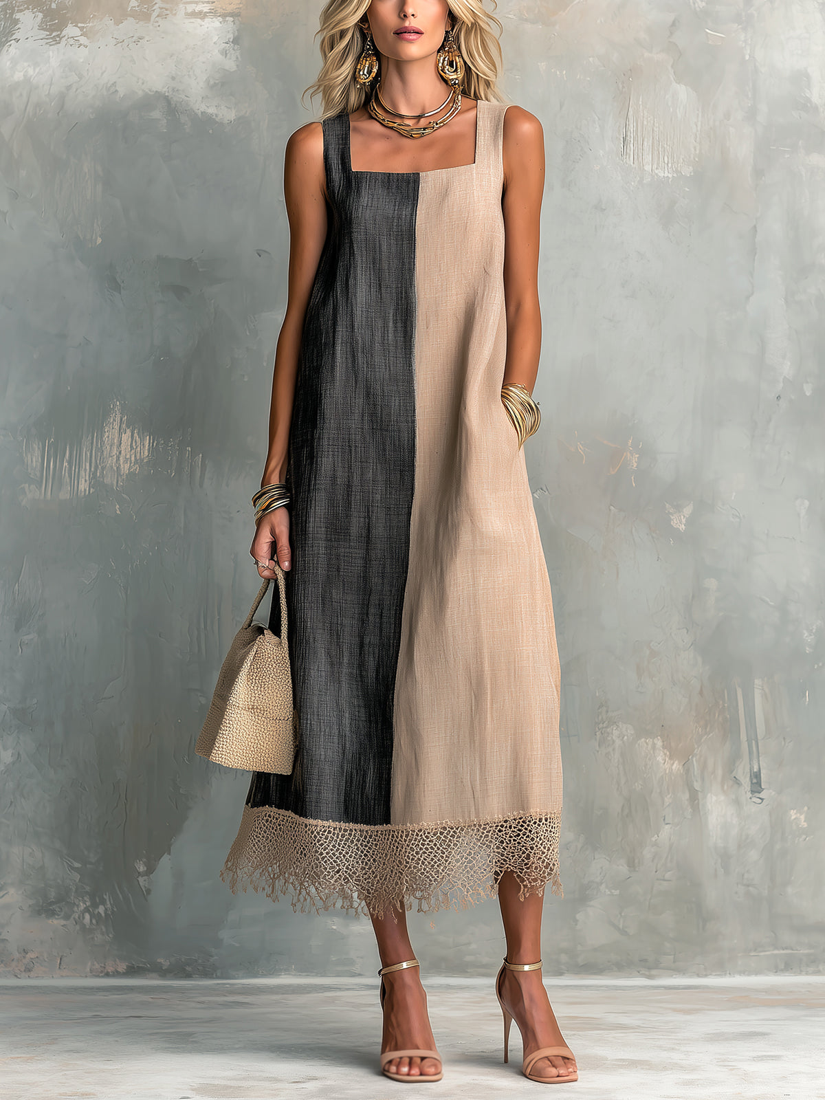 ElevenOra Chic Elegant Camel-Black Colorblock Cotton-Linen Square-Neck Sleeveless Lace Trim Hem A-Line Midi Dress