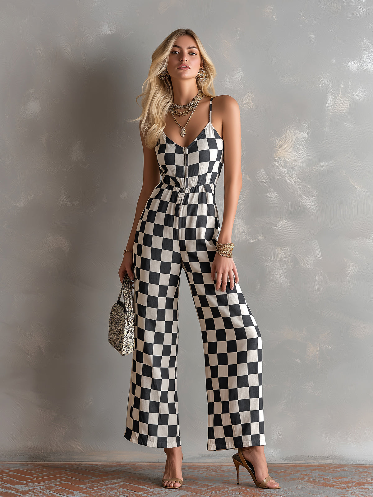 ElevenOra Chic Elegant Black-White Plaids Cotton-Linen Spaghetti-Strap V-Neck Sleeveless Zipper-Front Tailore-Waist Wide-Leg Jumpsuit