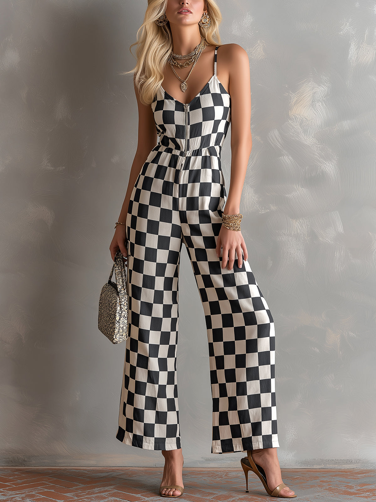 ElevenOra Chic Elegant Black-White Plaids Cotton-Linen Spaghetti-Strap V-Neck Sleeveless Zipper-Front Tailore-Waist Wide-Leg Jumpsuit