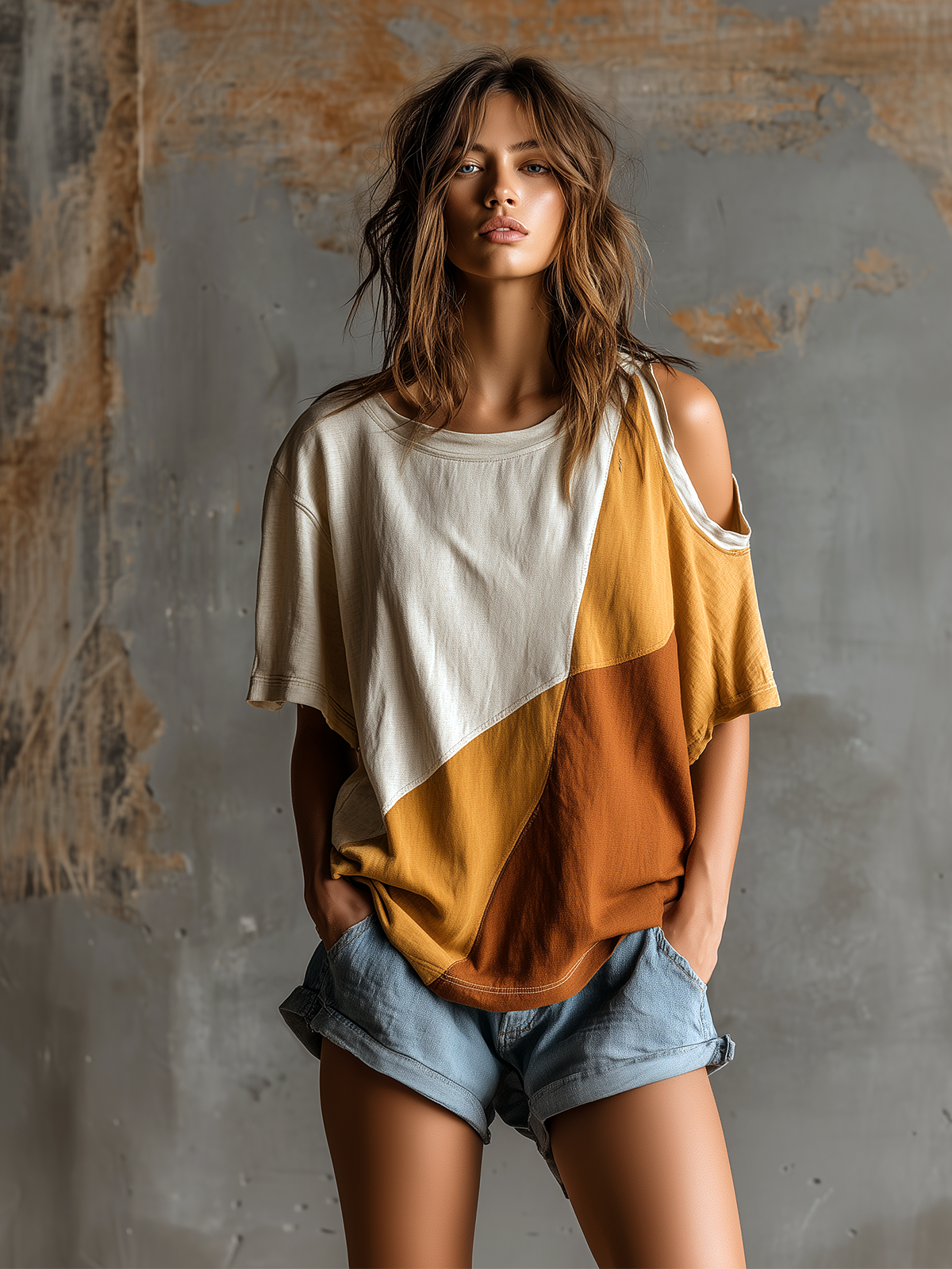 ElevenOra Chic Casual White-Camel Colorblock Round-Neck Cutout Shoulder Short-Sleeve Oversize Cotton Blend T-Shirt Top