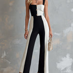 ElevenOra Chic Elegant Black-White Cotton Blend Thin Straps Square-Neck Sleeveless Button-Front Tailore-Waist Wide-Leg Jumpsuit