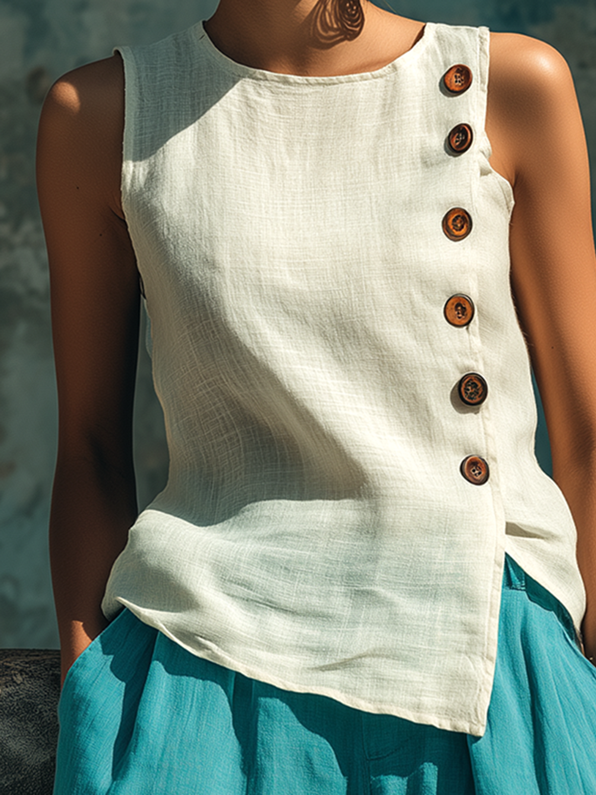 ElevenOra Chic Casual White Round-Neck Sleeveless Button-Front Loose-Fit Cotton-Linen Blend Vest Top