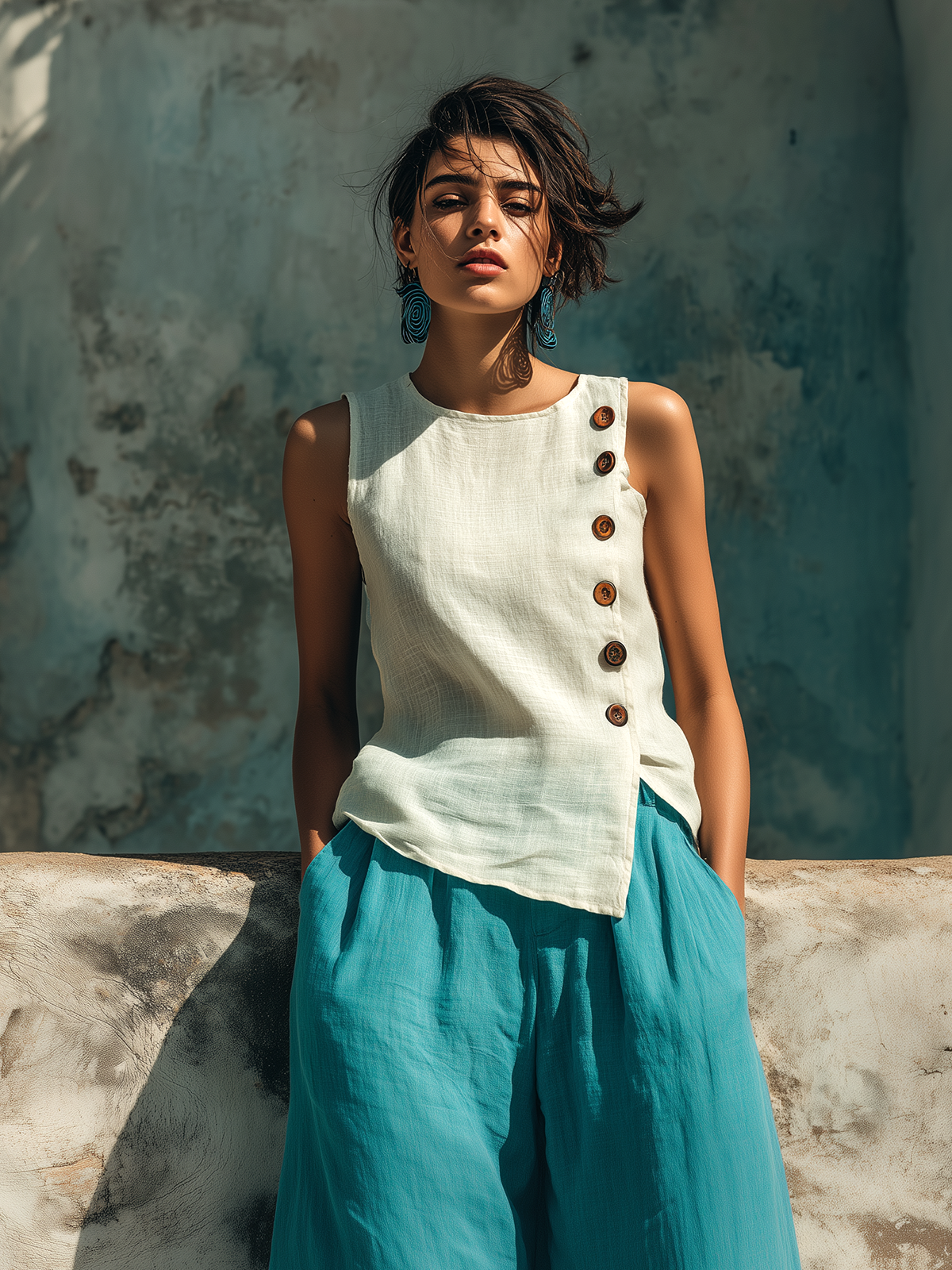 ElevenOra Chic Casual White Round-Neck Sleeveless Button-Front Loose-Fit Cotton-Linen Blend Vest Top