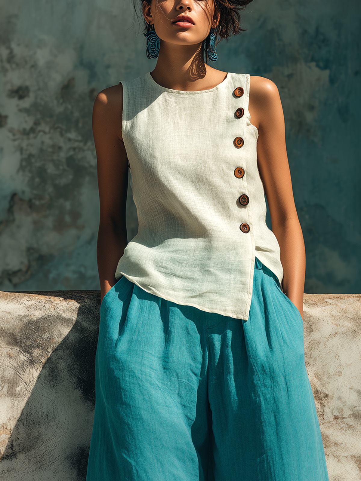 ElevenOra Chic Casual White Round-Neck Sleeveless Button-Front Loose-Fit Cotton-Linen Blend Vest Top