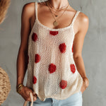 ElevenOra Chic Elegant Beige-Red Polka Dots Jacquard Spaghetti-Strap Sleeveless Loose-Fit Mesh Knit Tank Top