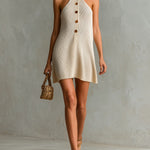 ElevenOra Chic Elegant Beige Halter-Neck Sleeveless Button-Front Loose-Fit A-Line Ribed Knit Mini Dress