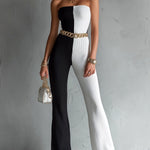 ElevenOra Chic Elegant Black-White Colorblock Strapless Sleeveless Belted Tailored-Waist Slim-Fit Ribed Knit Flared Jumpsuit