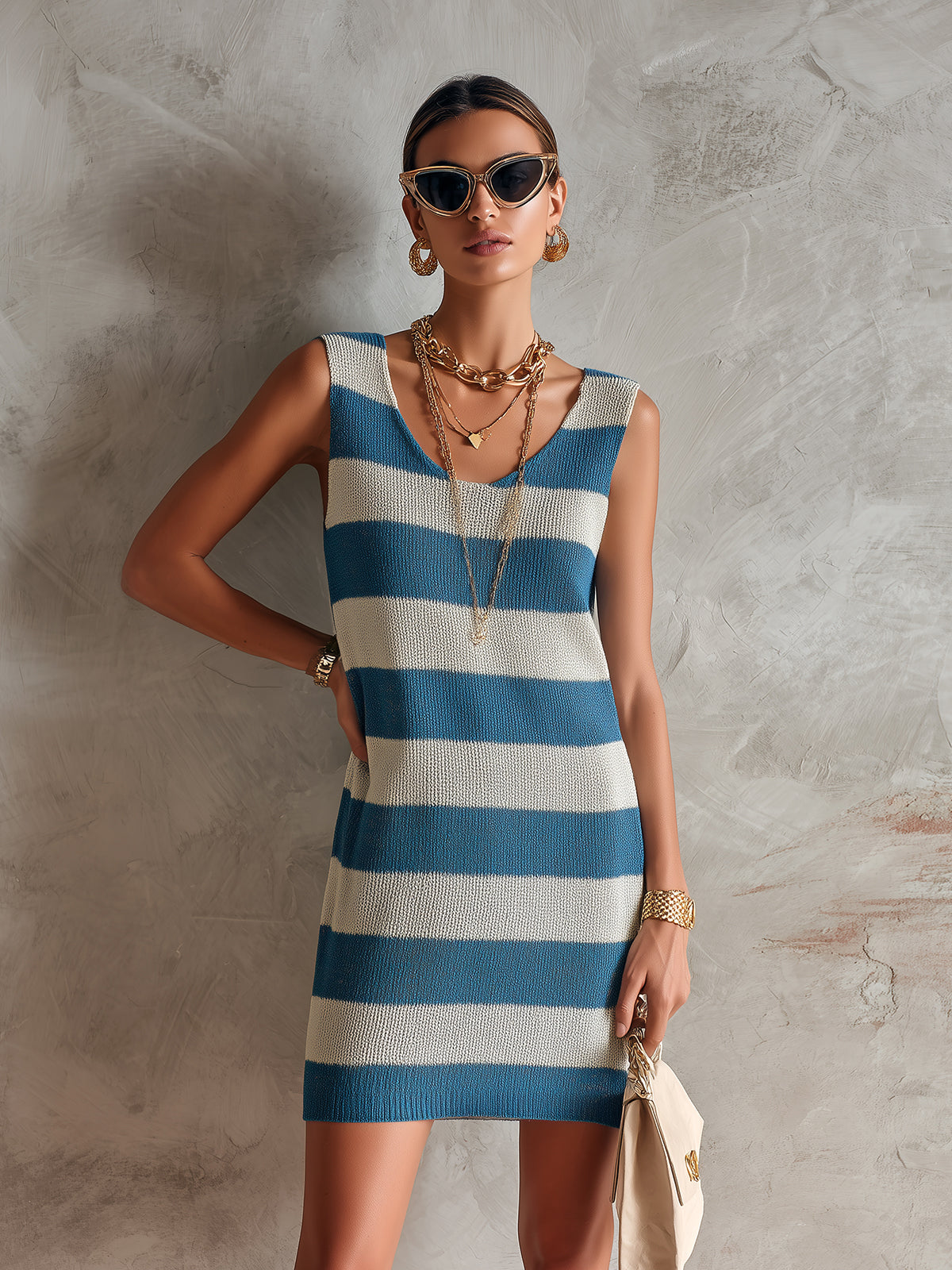 ElevenOra Chic Elegant Blue-White Stripes U-Neck Sleeveless Loose-Fit A-Line Knit Mini Dress