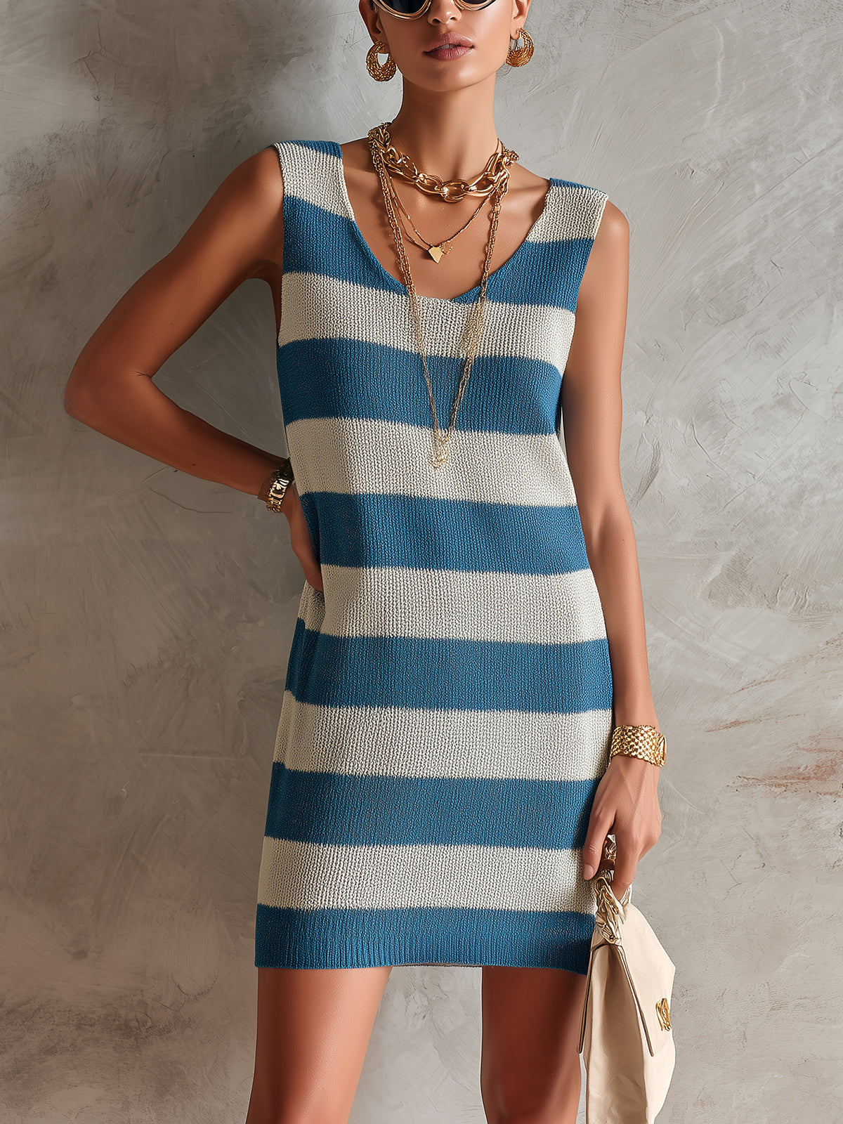 ElevenOra Chic Elegant Blue-White Stripes U-Neck Sleeveless Loose-Fit A-Line Knit Mini Dress