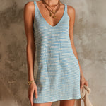 ElevenOra Chic Elegant Blue-White Pinstripes V-Neck Sleeveless Loose-Fit A-Line Ribbed Knit Mini Dress