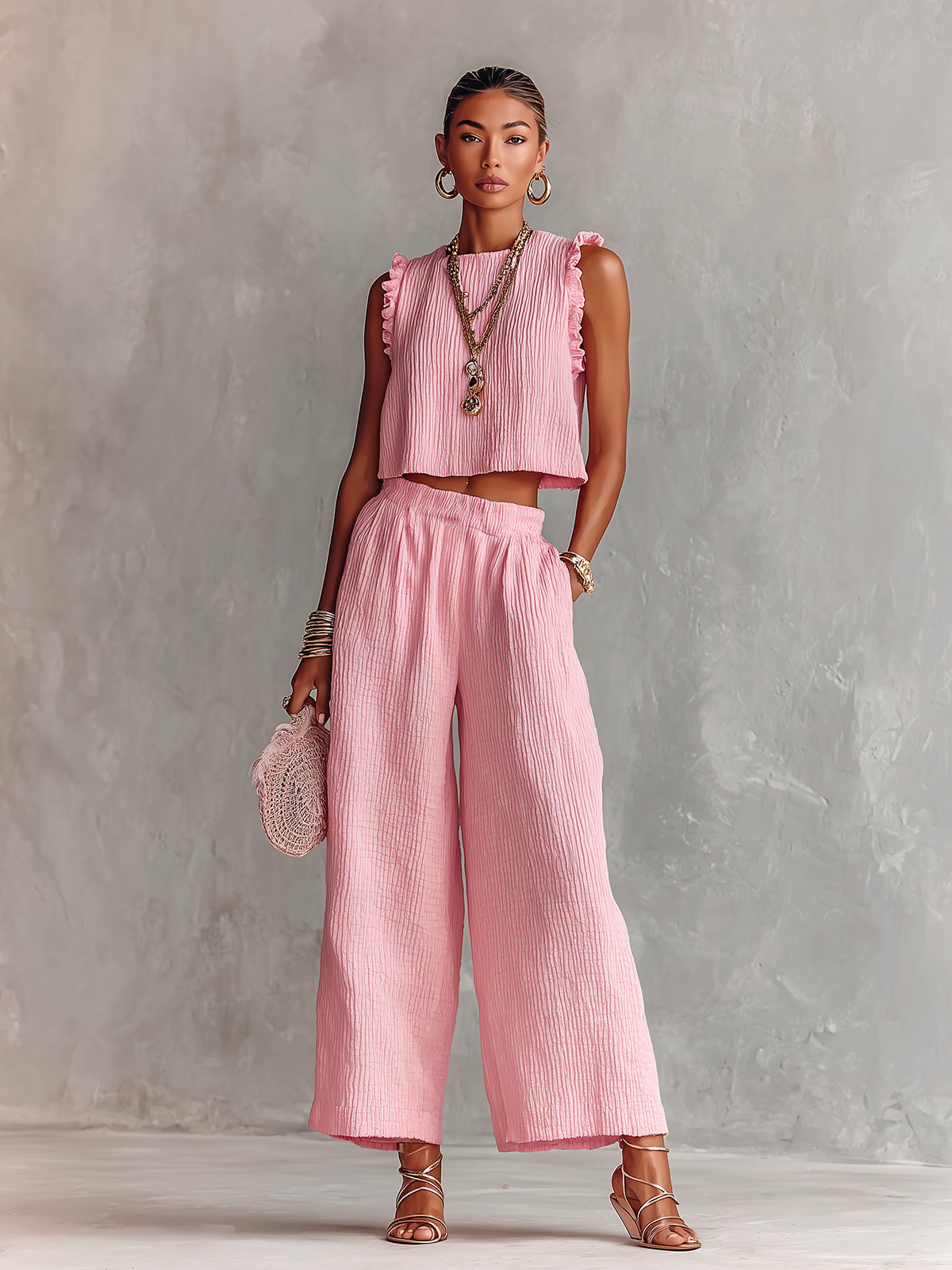 ElevenOra Chic Elegant Pink Textured Cotton Blend Round-Neck Sleeveless Ruffle Detail Vest Wide-Leg Pants Loose-Fit Two-Piece Set