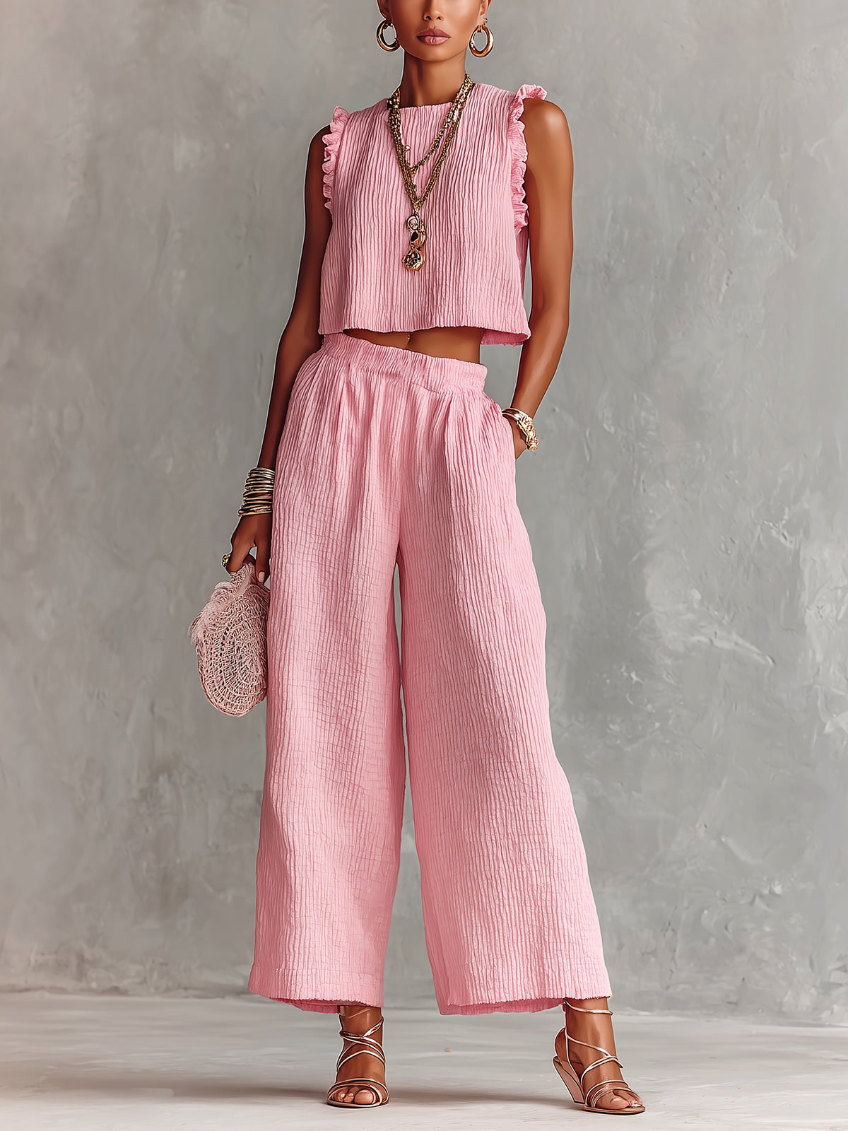 ElevenOra Chic Elegant Pink Textured Cotton Blend Round-Neck Sleeveless Ruffle Detail Vest Wide-Leg Pants Loose-Fit Two-Piece Set