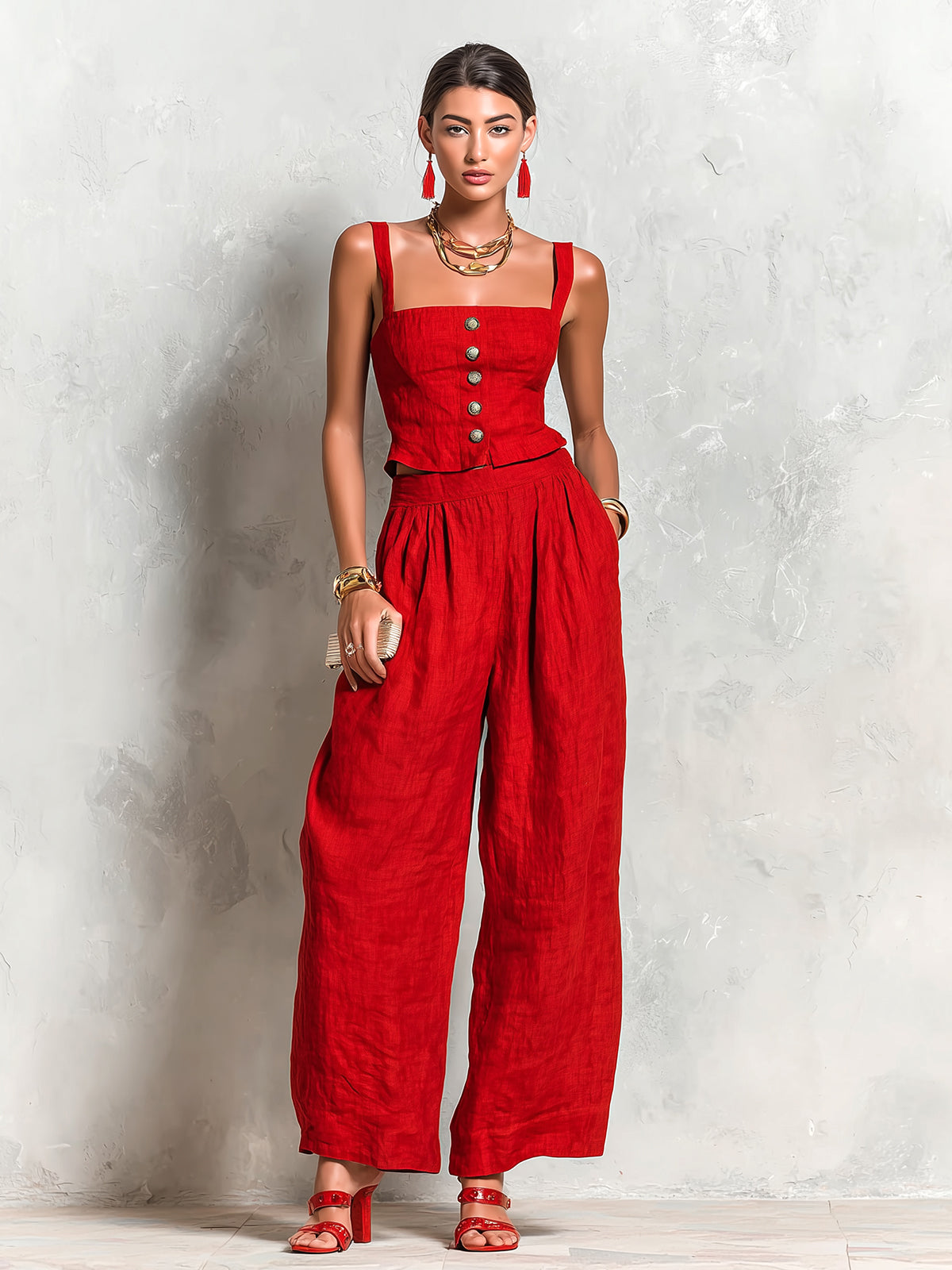 ElevenOra Chic Elegant Red Cotton-Linen Blend Spaghetti-Strap Square-Neck Sleeveless Single-Breasted Vest Wide-Leg Pants Two-Piece Set