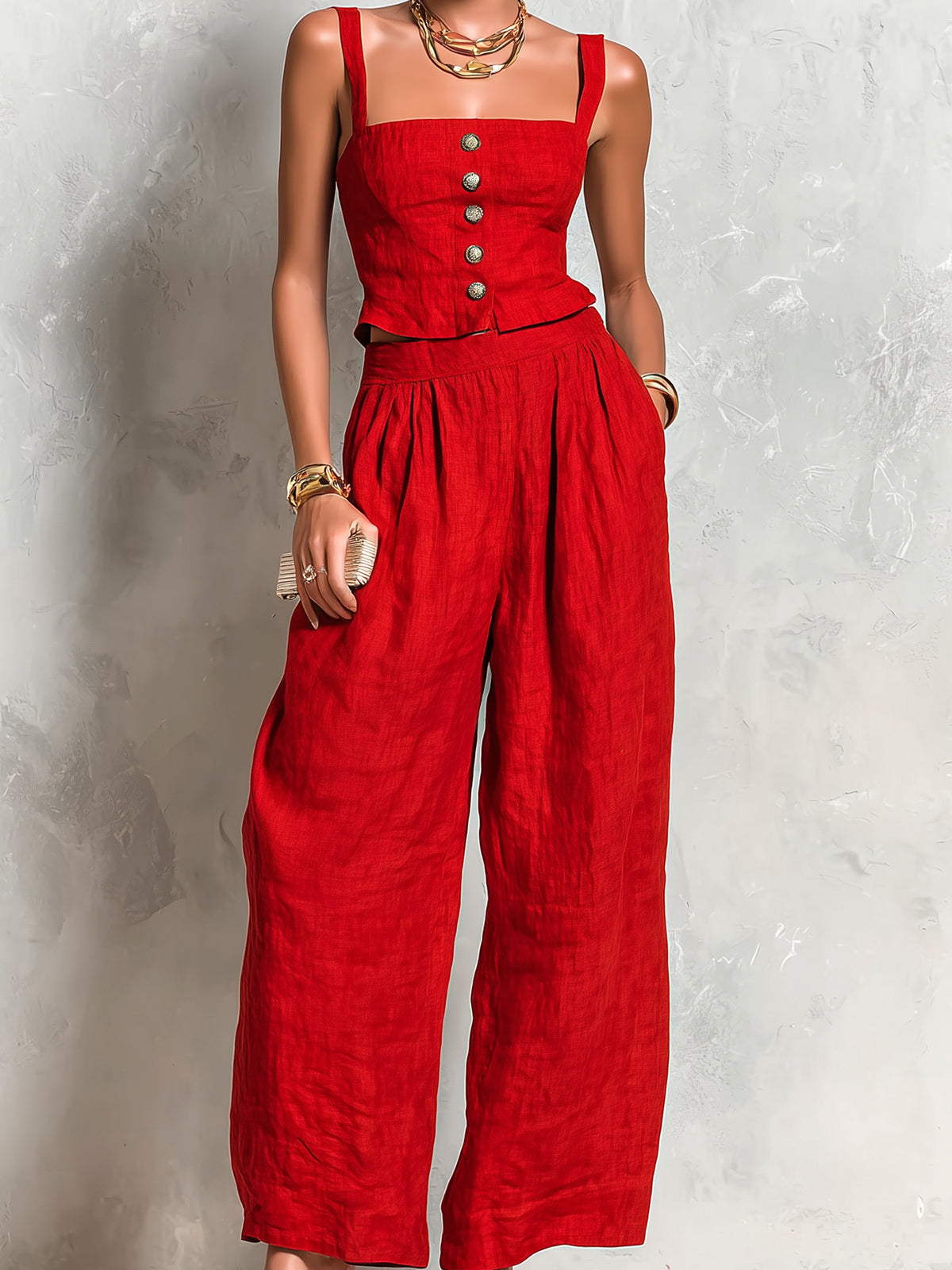 ElevenOra Chic Elegant Red Cotton-Linen Blend Spaghetti-Strap Square-Neck Sleeveless Single-Breasted Vest Wide-Leg Pants Two-Piece Set