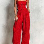ElevenOra Chic Elegant Red Cotton-Linen Blend Spaghetti-Strap Square-Neck Sleeveless Single-Breasted Vest Wide-Leg Pants Two-Piece Set