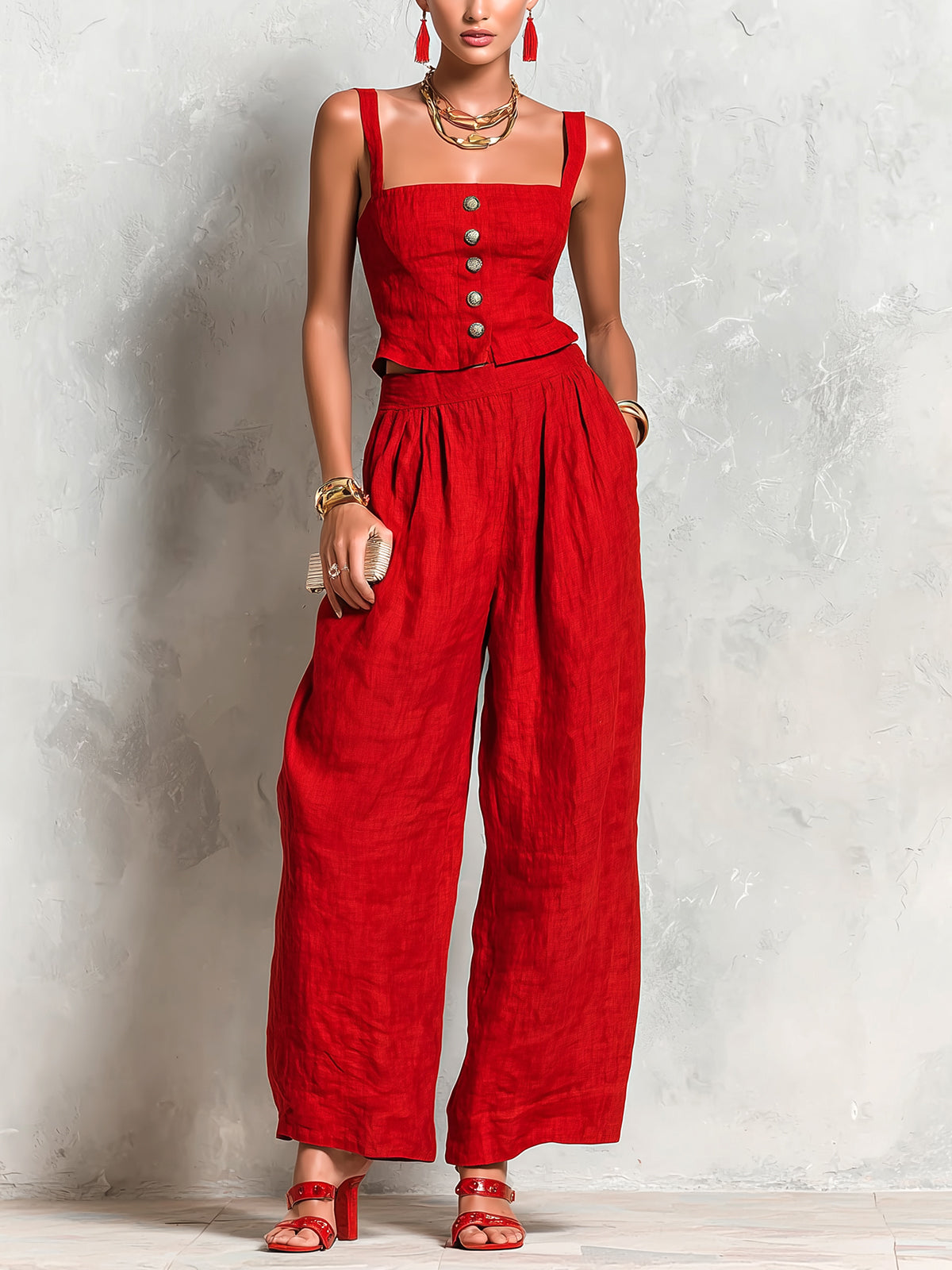 ElevenOra Chic Elegant Red Cotton-Linen Blend Spaghetti-Strap Square-Neck Sleeveless Single-Breasted Vest Wide-Leg Pants Two-Piece Set