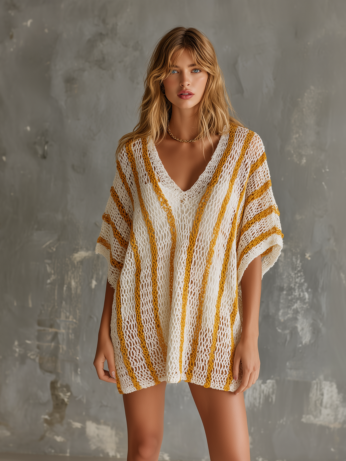 ElevenOra Chic Casual White-Yellow Stripe V-Neck Short-Sleeve Loose-Fit Hollow-Out Knit Mini Dress