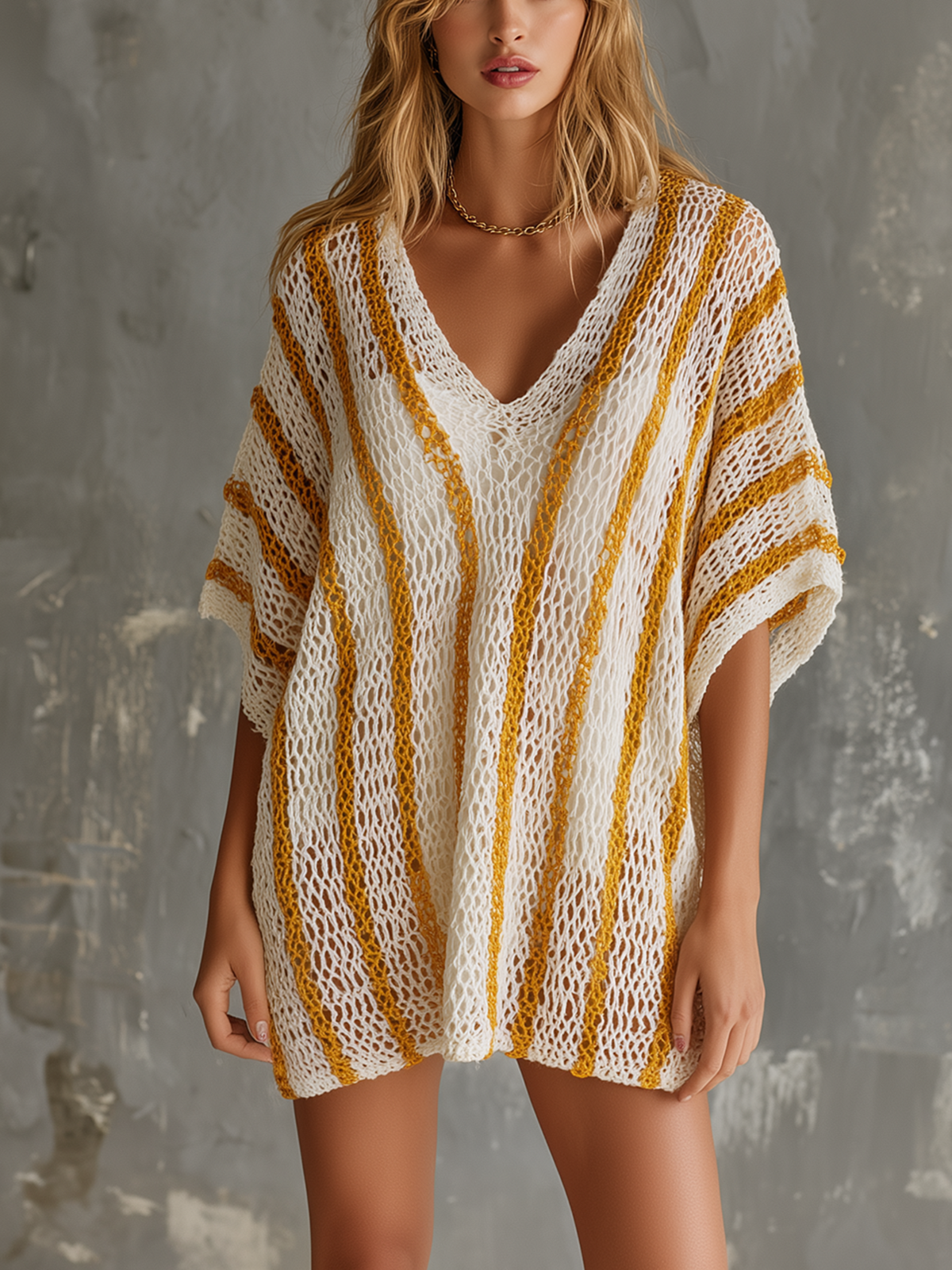 ElevenOra Chic Casual White-Yellow Stripe V-Neck Short-Sleeve Loose-Fit Hollow-Out Knit Mini Dress