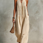 ElevenOra Chic Elegant Beige Cotton-Linen Blend Lace-Up V-Neck Sleeveless Pleats Detail Loose-Fit Wide-Leg Jumpsuit