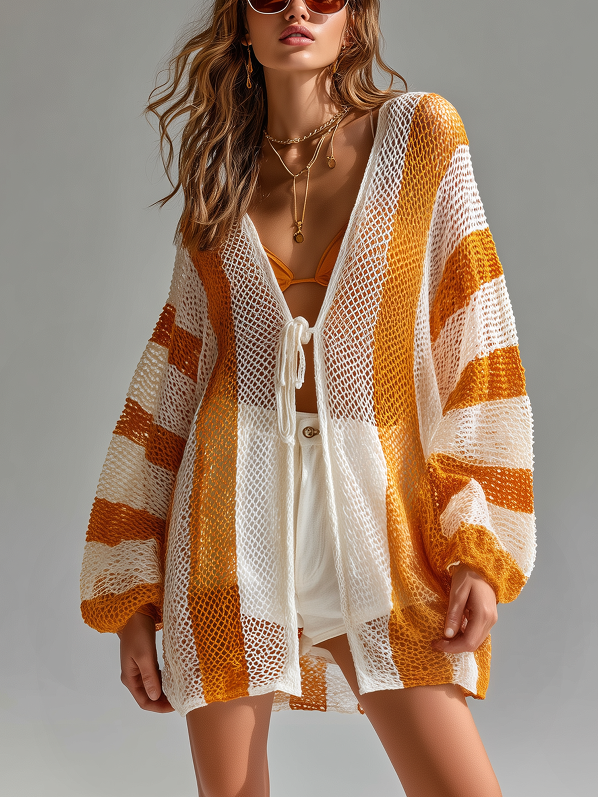 ElevenOra Chic Casual White-Yellow Stripe Long-Sleeve Tie-Front Loose-Fit Hollow-Out Knit Beach Cover-Up Cardigan