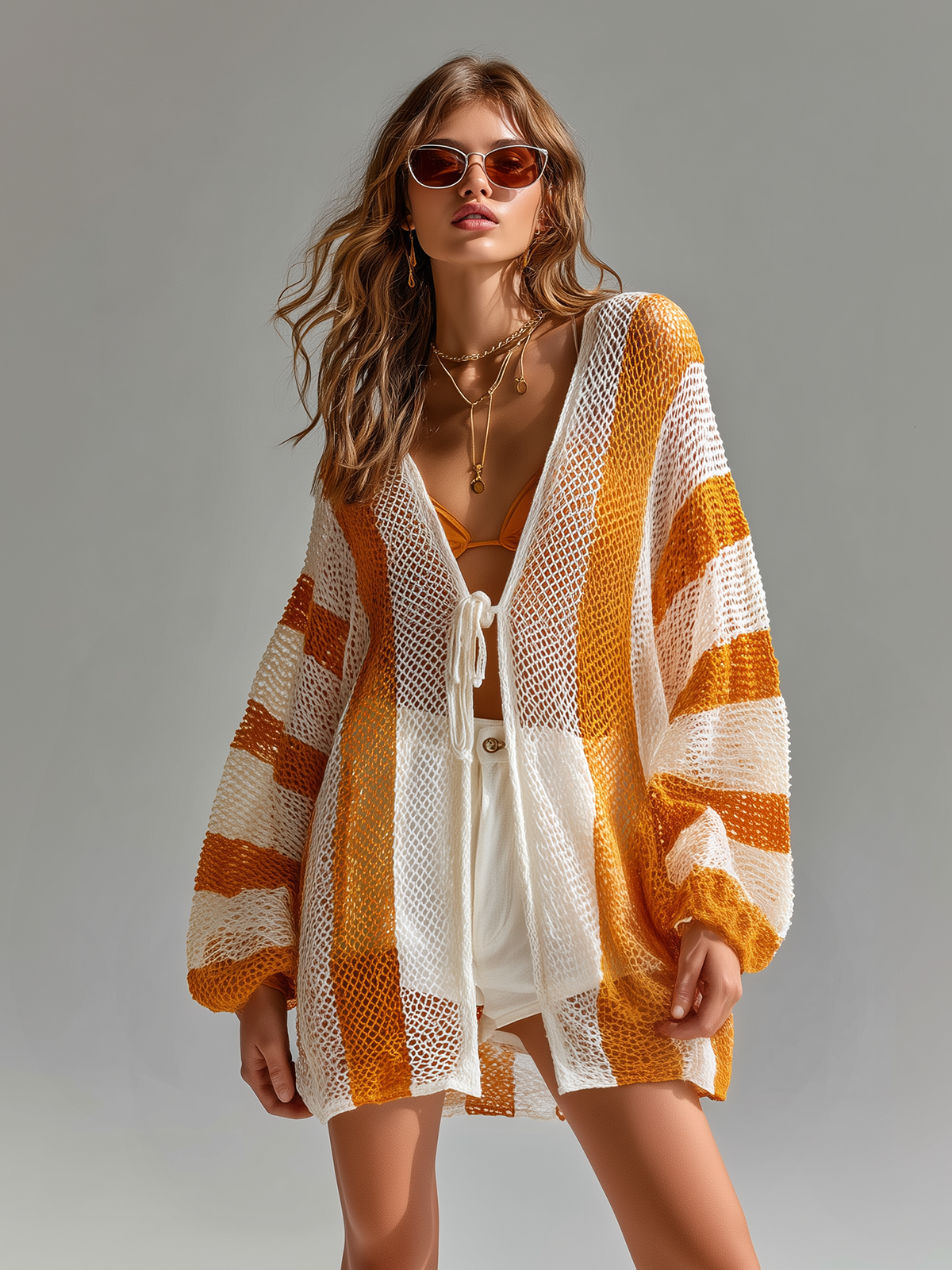 ElevenOra Chic Casual White-Yellow Stripe Long-Sleeve Tie-Front Loose-Fit Hollow-Out Knit Beach Cover-Up Cardigan