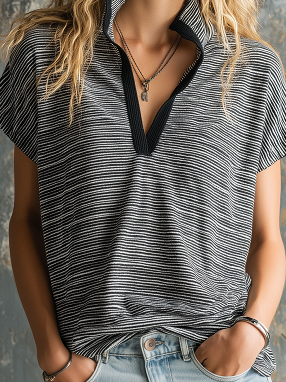ElevenOra Chic Casual Black-White Stripe Stand-Collar  V-Neck Short-Sleeve Oversize Stretchy Cotton Fabric T-Shirt Top