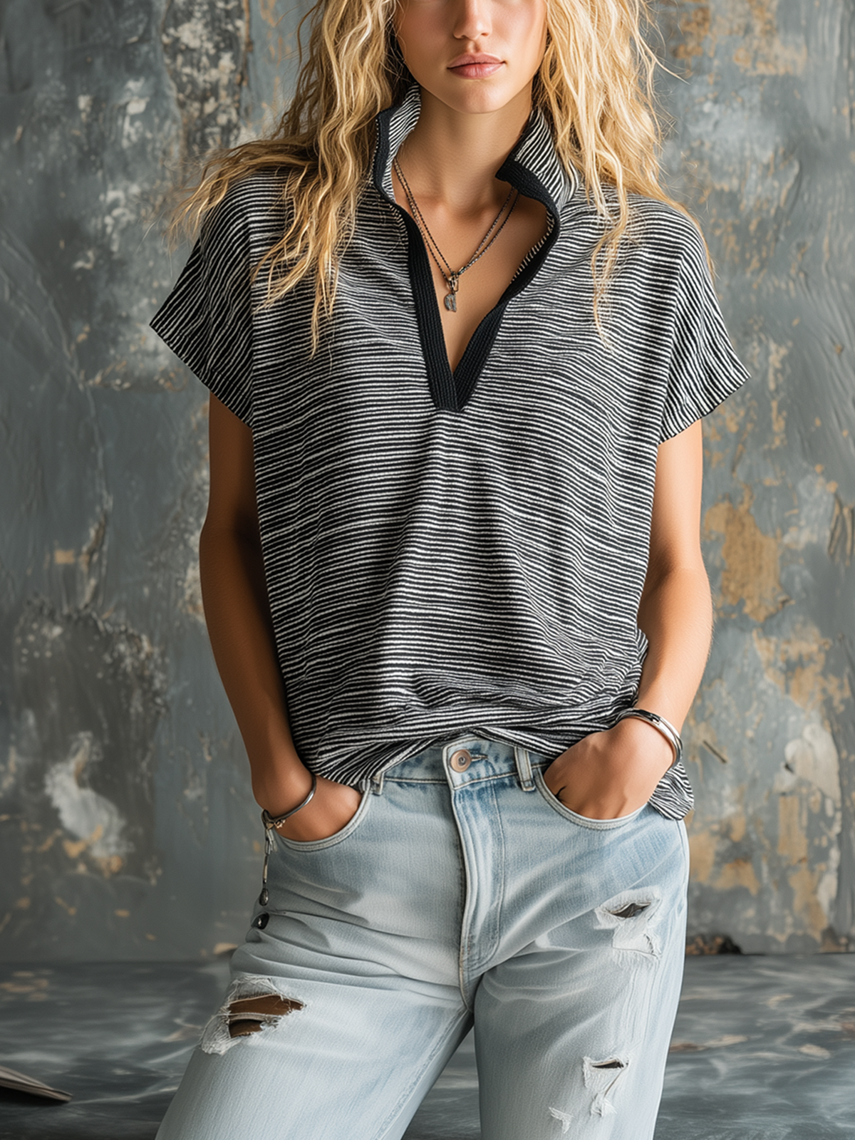 ElevenOra Chic Casual Black-White Stripe Stand-Collar  V-Neck Short-Sleeve Oversize Stretchy Cotton Fabric T-Shirt Top