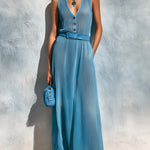 ElevenOra Chic Elegant Blue Chiffon Button-Up V-Neck Sleeveless Belted Loose-Fit A-Line Maxi Dress