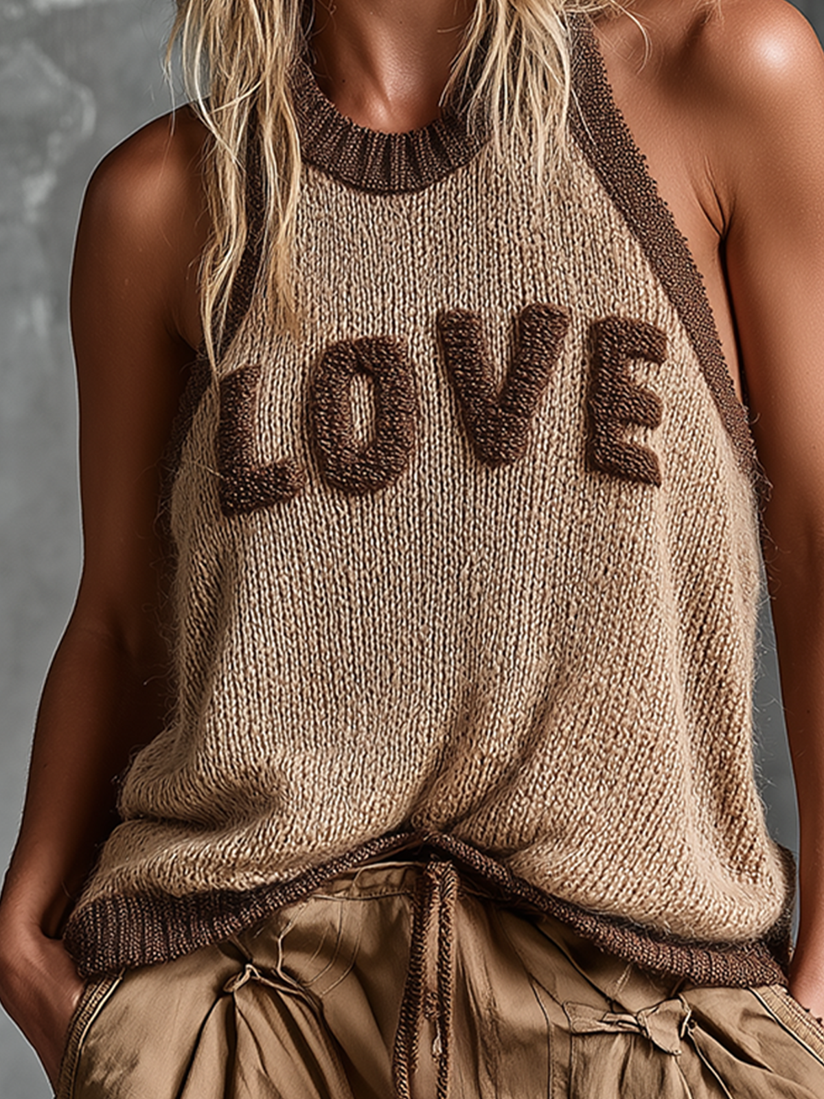 ElevenOra Chic Casual Camel Colorblock Chenille Embroidery Round-Neck Sleeveless Loose-Fit Knit Tank Top