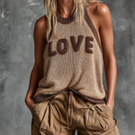 ElevenOra Chic Casual Camel Colorblock Chenille Embroidery Round-Neck Sleeveless Loose-Fit Knit Tank Top