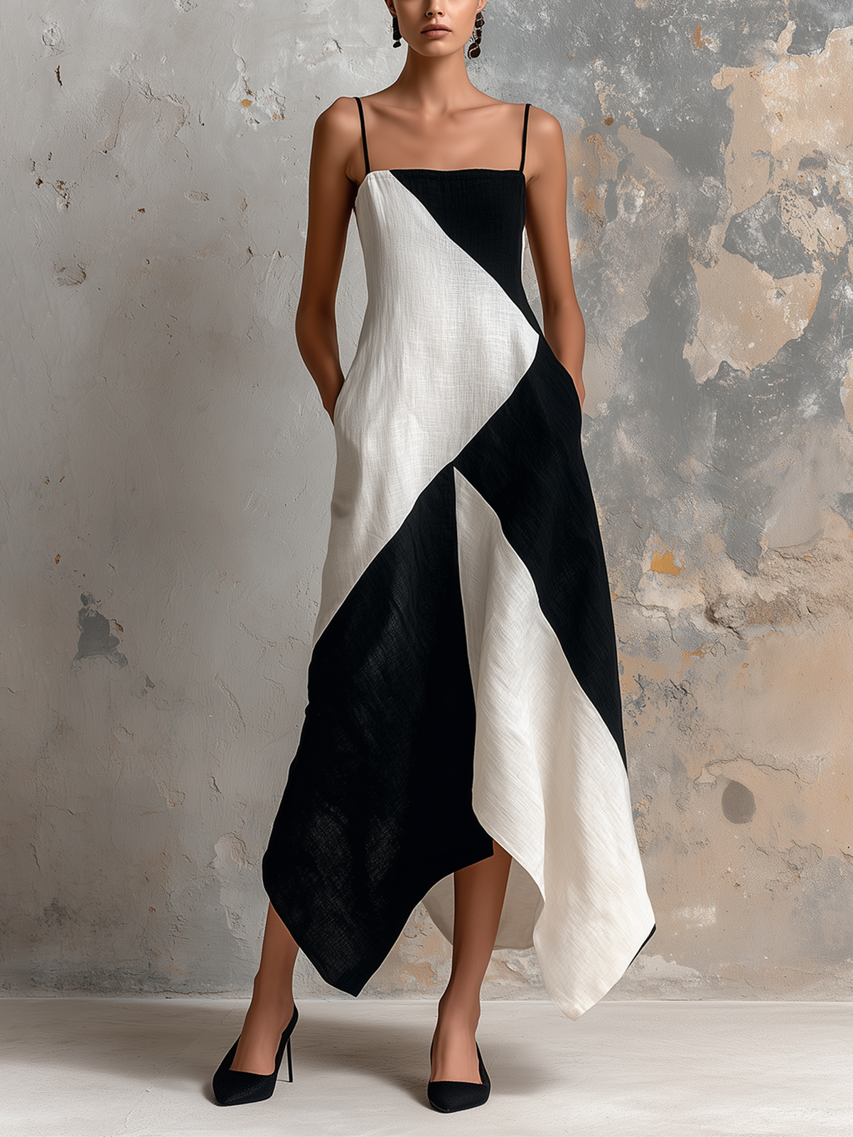 ElevenOra Chic Elegaht White-Black Colorblock Spaghetti Straps Sleeveless A-Line Asymmetric Hem Cotton-Linen Blend Midi Dress