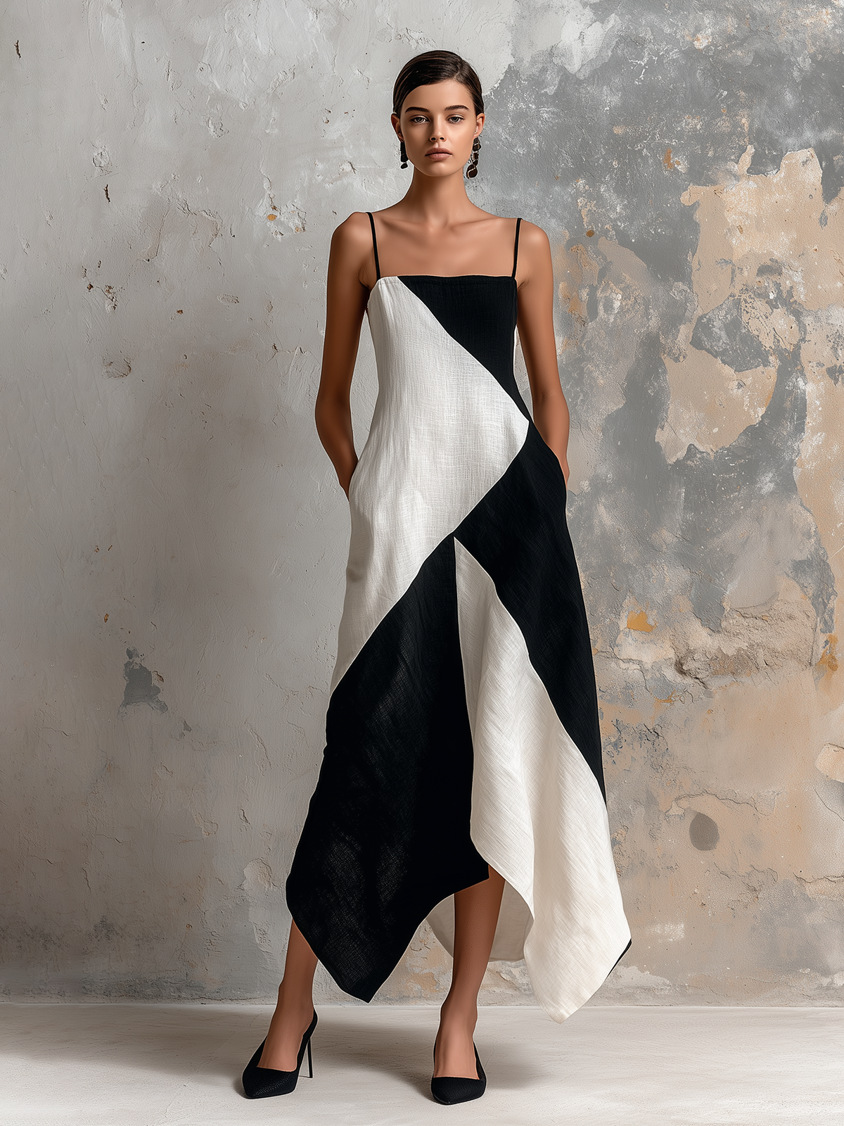 ElevenOra Chic Elegaht White-Black Colorblock Spaghetti Straps Sleeveless A-Line Asymmetric Hem Cotton-Linen Blend Midi Dress