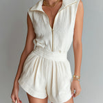 ElevenOra Chic Elegant Cream White Pleats Cotton Blend Lapel Collar Zipper-Front Sleeveless Vest Wide-Leg Shorts Two-Piece Set