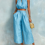 ElevenOra Chic Elegant Blue Cotton-Linen Blend Round-Neck Sleeveless Cropped Top Wide-Leg Pants Loose-Fit Two-Piece Set