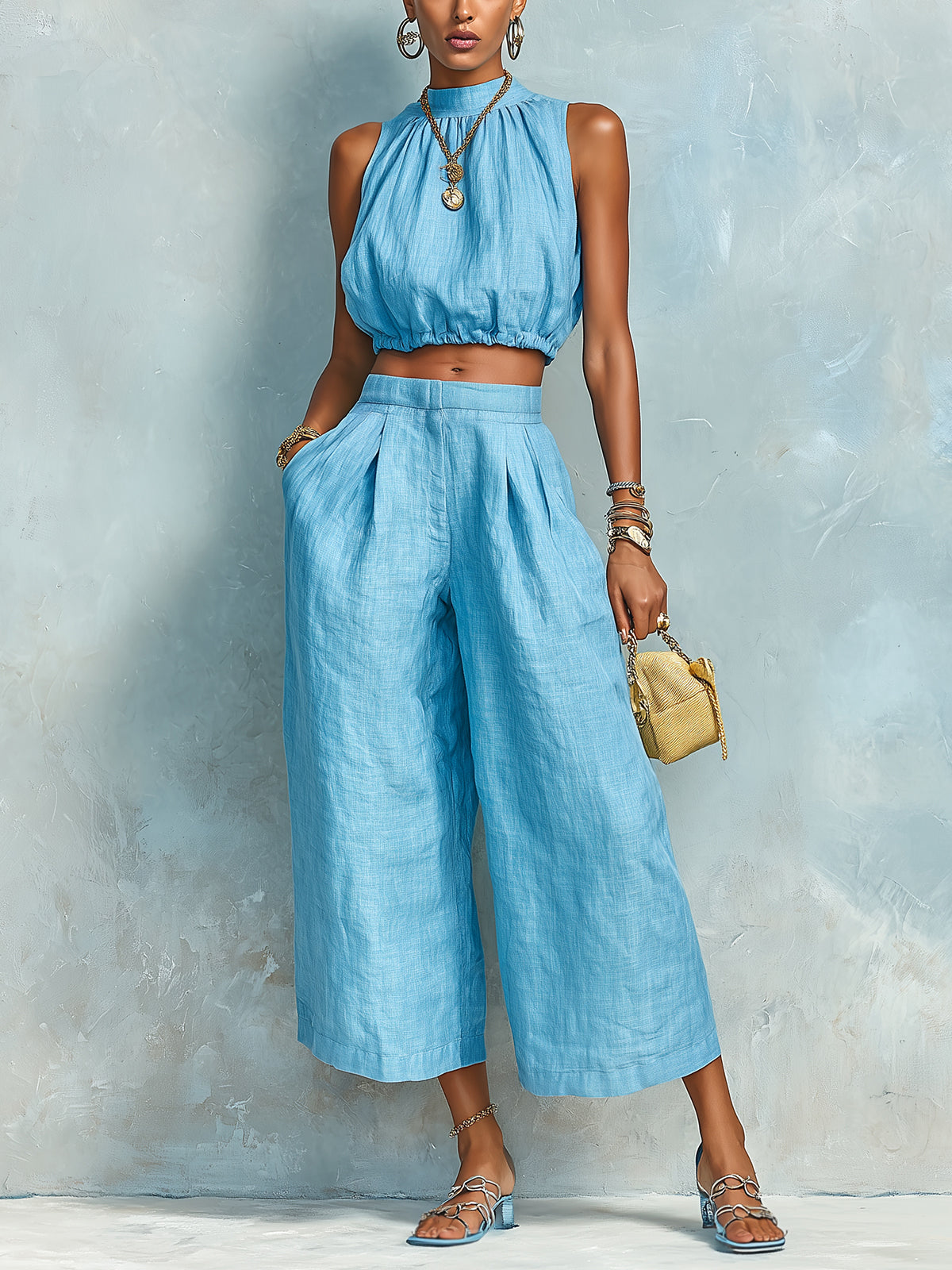 ElevenOra Chic Elegant Blue Cotton-Linen Blend Round-Neck Sleeveless Cropped Top Wide-Leg Pants Loose-Fit Two-Piece Set