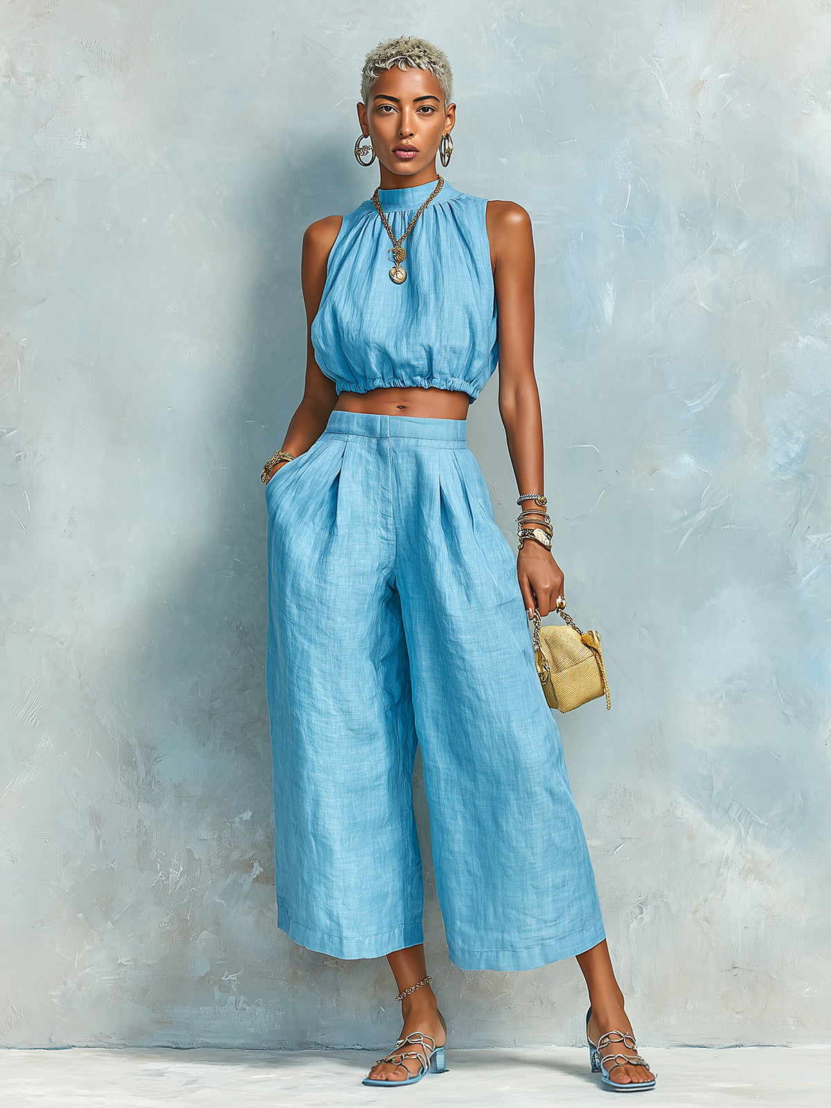 ElevenOra Chic Elegant Blue Cotton-Linen Blend Round-Neck Sleeveless Cropped Top Wide-Leg Pants Loose-Fit Two-Piece Set