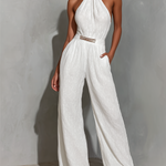 ElevenOra Chic Elegant White Halter-Neck Sleeveless Tailored-Waist Cotton-Linen Blend Wide-Leg Jumpsuit