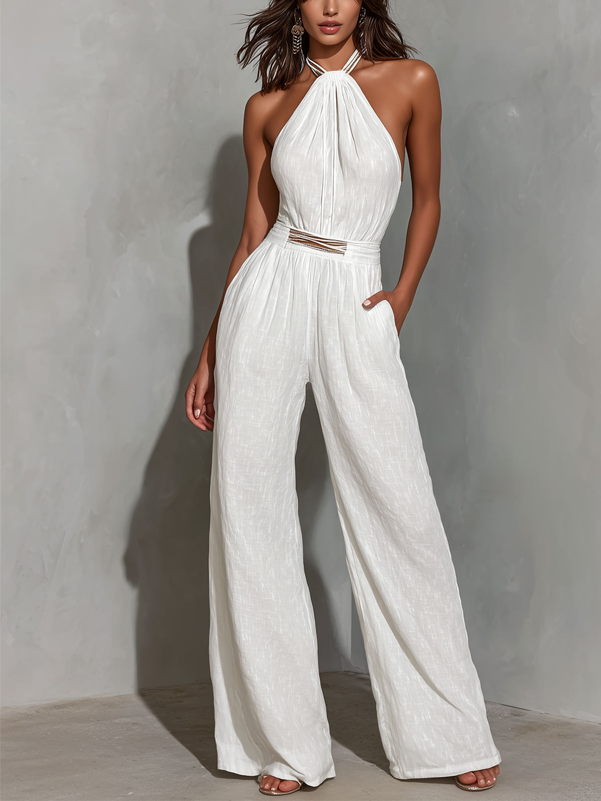 ElevenOra Chic Elegant White Halter-Neck Sleeveless Tailored-Waist Cotton-Linen Blend Wide-Leg Jumpsuit