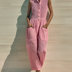 ElevenOra Chic Elegant Pink Stand-Collar Button-Up Sleeveless Patch Pockets Wide-Leg Mesh Knit Jumpsuit