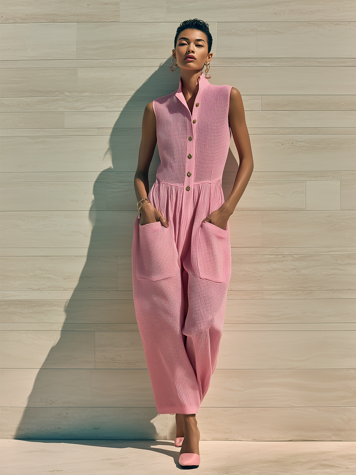 ElevenOra Chic Elegant Pink Stand-Collar Button-Up Sleeveless Patch Pockets Wide-Leg Mesh Knit Jumpsuit