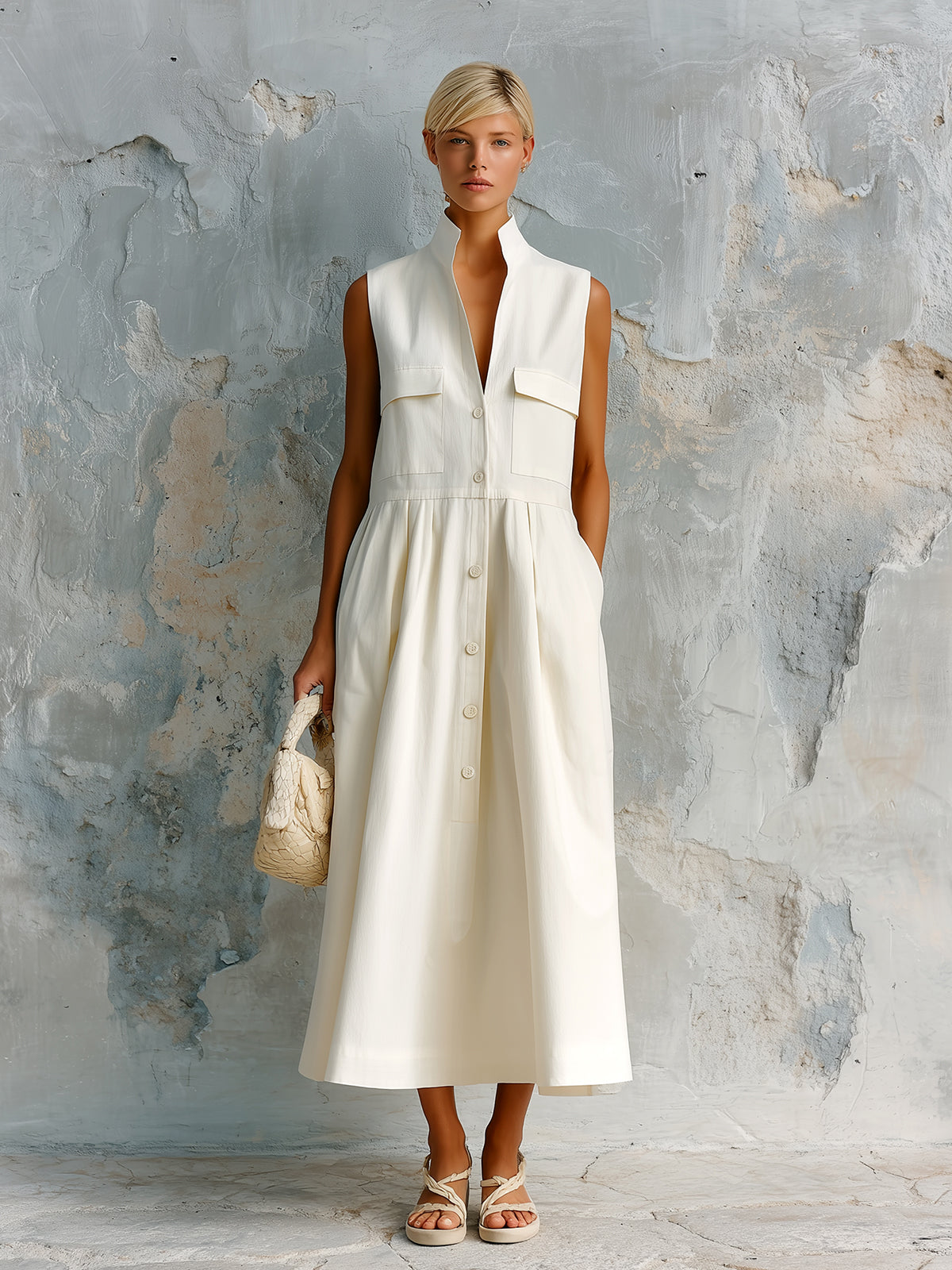 ElevenOra Chic Elegant Cream White Cotton Blend Stand Collar Button-Front Sleeveless Multi-Pocket Loose-Fit Midi Dress