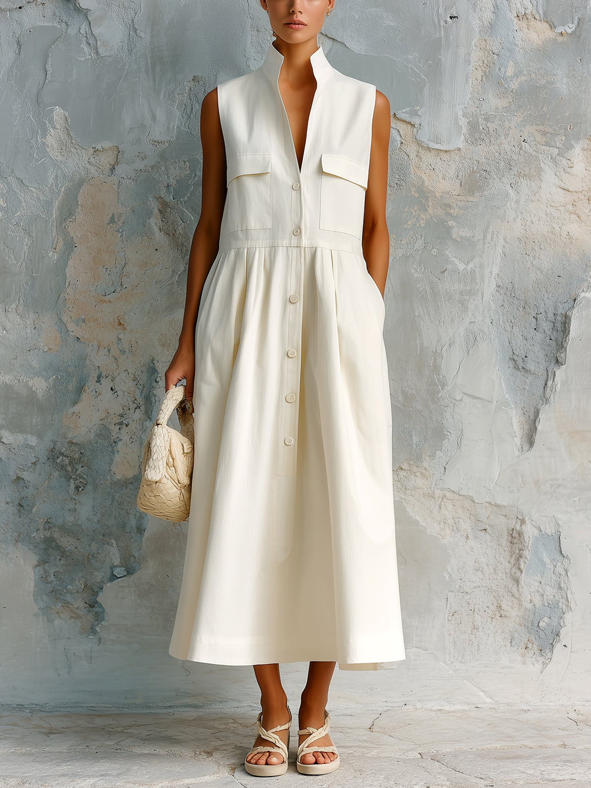 ElevenOra Chic Elegant Cream White Cotton Blend Stand Collar Button-Front Sleeveless Multi-Pocket Loose-Fit Midi Dress