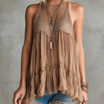ElevenOra Chic Elegant Camel Cotton Blend Round-Neck Sleeveless Lace Patchwork A-Line Tank Top