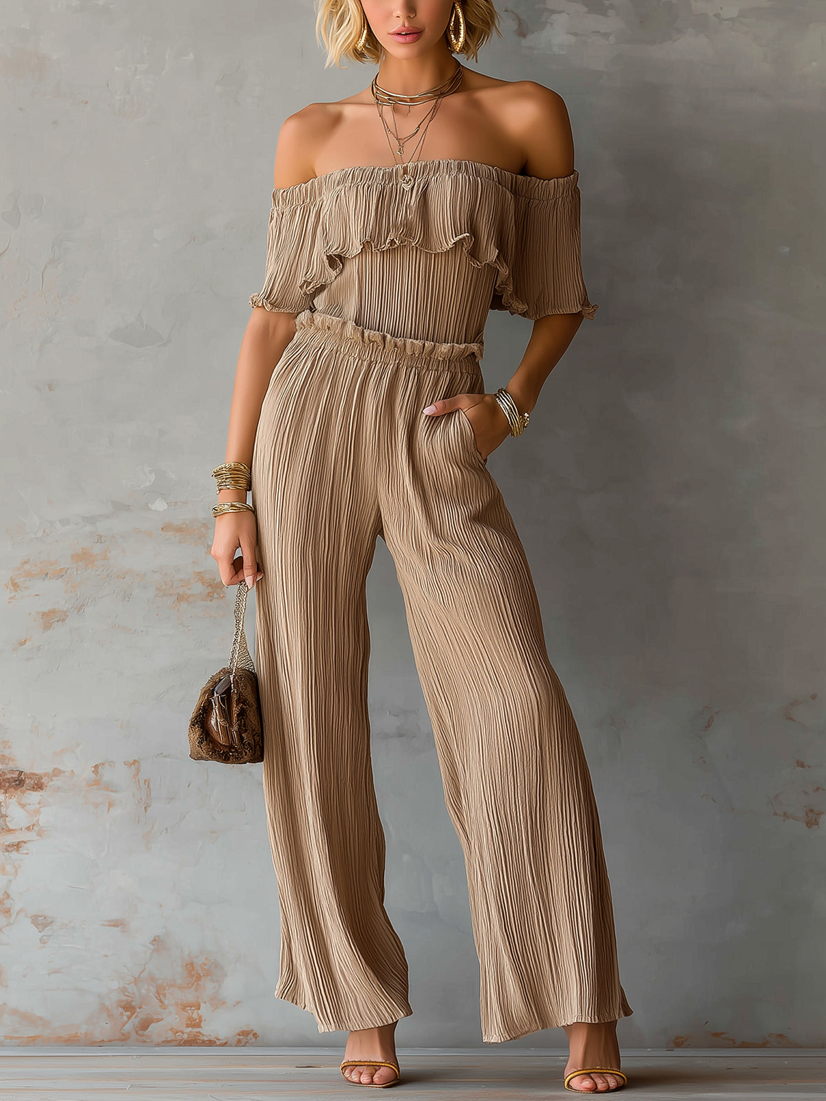 ElevenOra Chic Elegant Camel Pleated Chiffon Off-The-Shoulder  Short-Sleeve Elastic-Waist Wide-Leg Jumpsuit