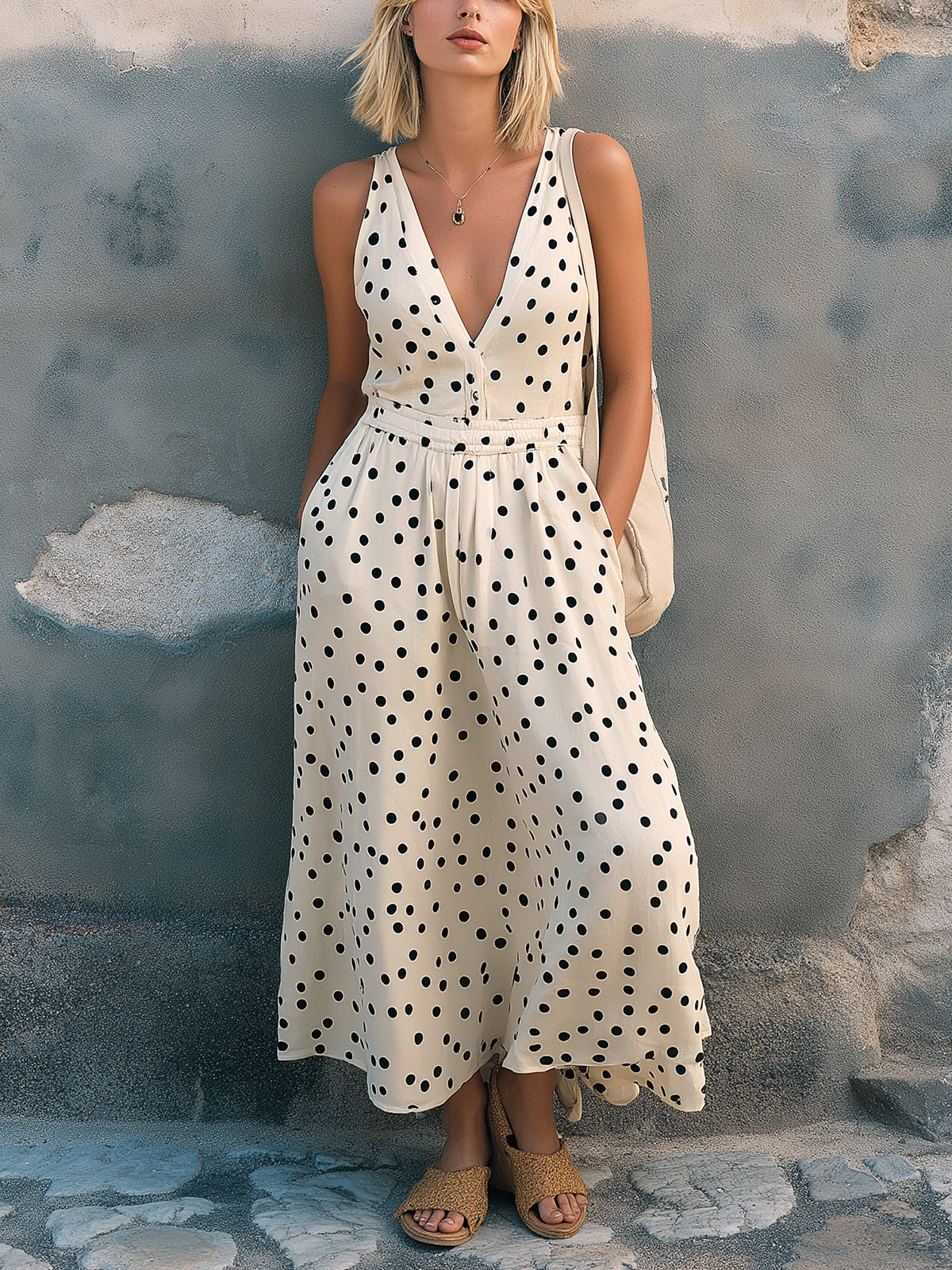 ElevenOra Chic Elegant Cream-Black Polka Dots V-Neck Sleeveless Elastic-Waist A-Line Loose-Fit Maxi Dress