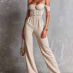 ElevenOra Chic Elegant Beige Cotton Blend Off-The-Shoulder Strappy Pleats Detail Elastic-Waist Slim-Fit Straight-Leg Jumpsuit