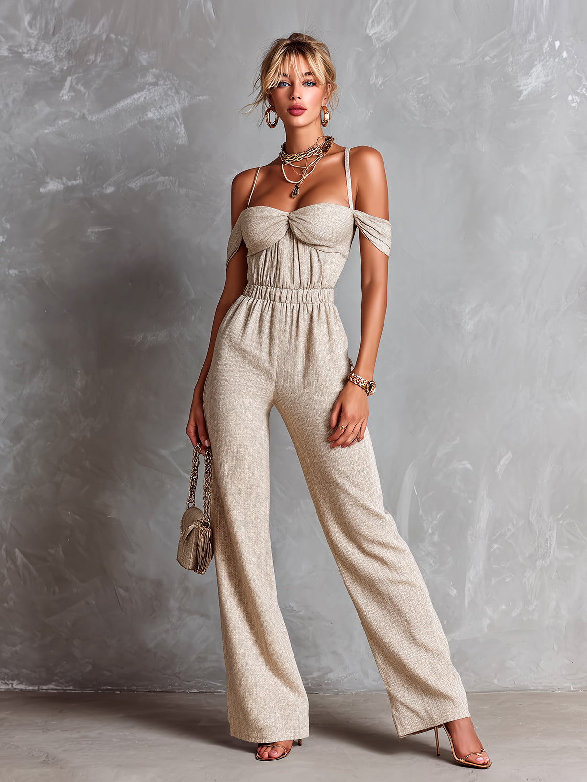 ElevenOra Chic Elegant Beige Cotton Blend Off-The-Shoulder Strappy Pleats Detail Elastic-Waist Slim-Fit Straight-Leg Jumpsuit