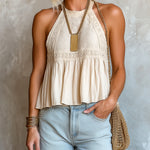ElevenOra Chic Elegant Beige Cotton-Linen Blend Lace Patchwork Halter-Neck Sleeveless Pleats Detail Tank Top